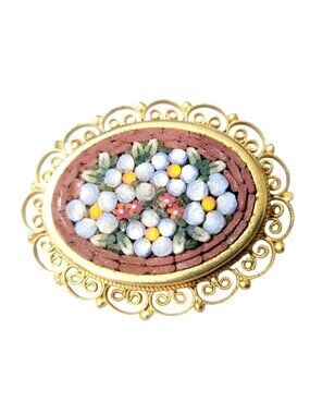 Vintage Italian Floral Micro Mosaic Brooch Gold Plated Blue Flowers Glass Tiles